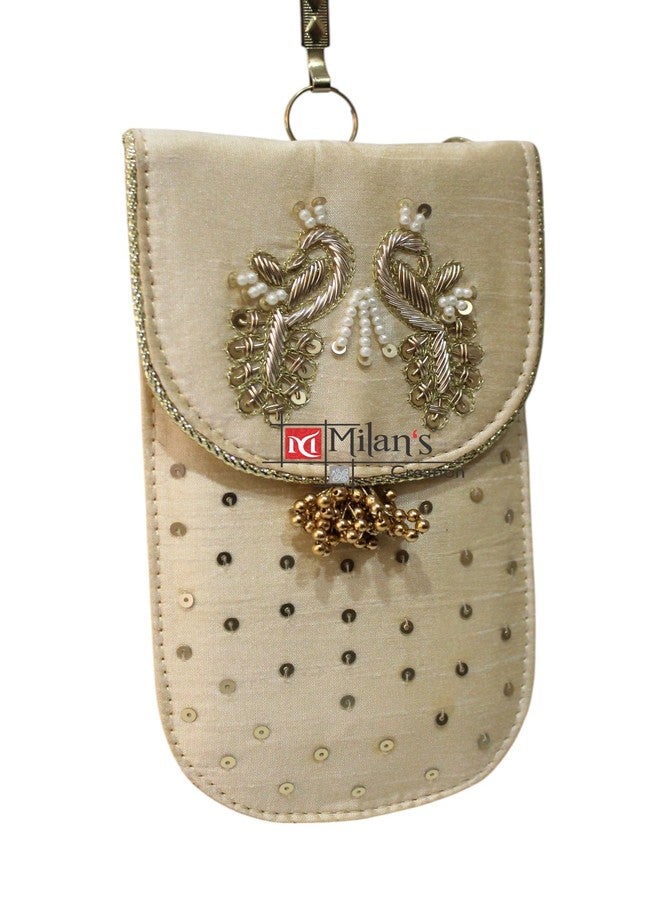 MILAN'S CREATION Mobile Pouch Zardozi & Pearls Hand Embroidery With Waist Clip Hook & Sling Chain (removable) | Ladies Women’s Handbag Wallet Sling Purse | Party Wedding Festival Giveaways Gift (Gold peacock) - Image 3